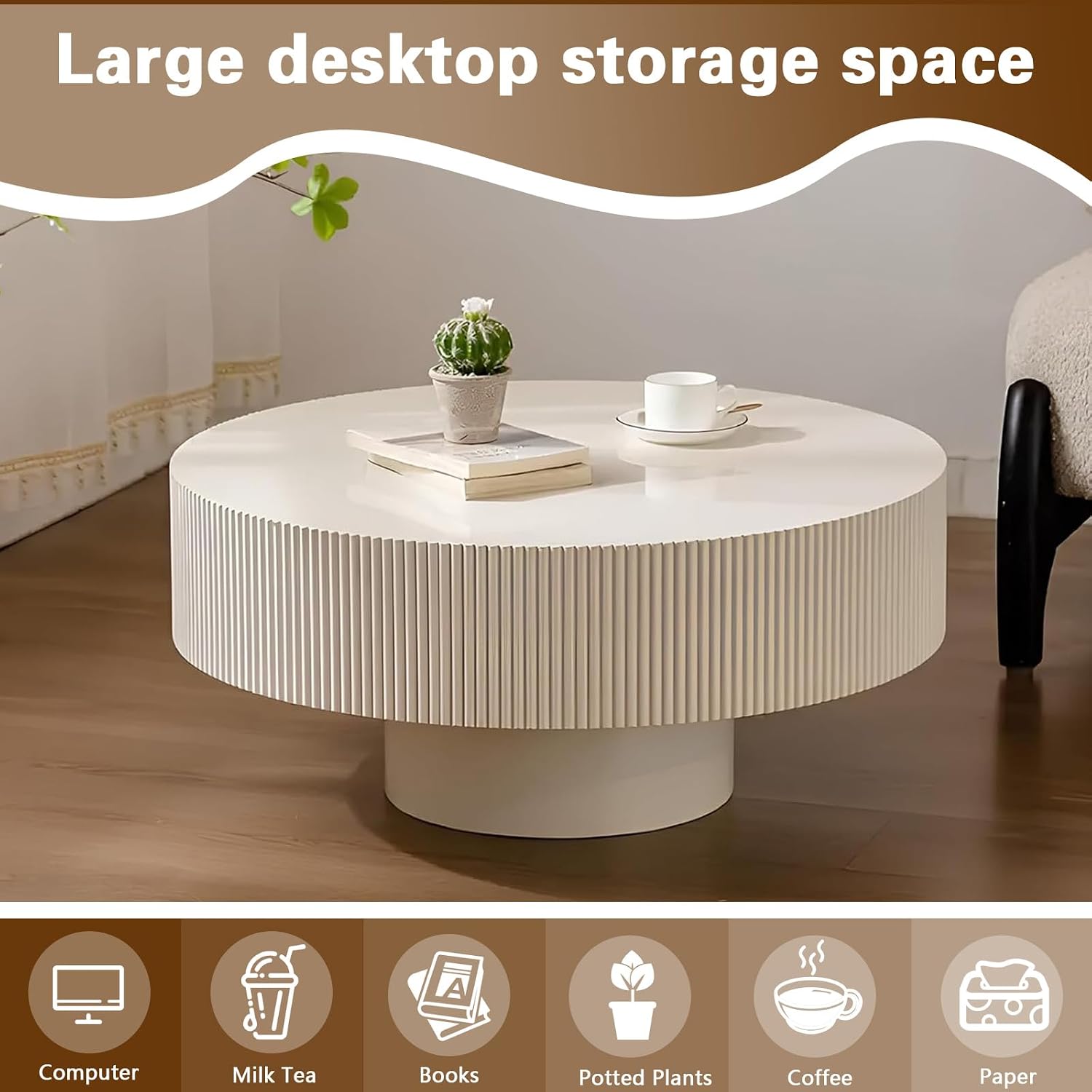 Round Drum Coffee Table White Fluted Coffee Table Circle Center Table Pedestal End Table for Apartment (Cream White)