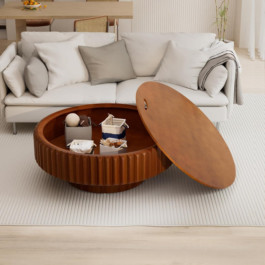 31.5' Round Drum Coffee Table with Hidden Storage, Modern Fluted Coffee Tables with Solid Wood Veneer, Wooden Circle Center Table for Living Room, Small Spaces, and Apartments, Easy Assembly