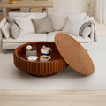 31.5' Round Drum Coffee Table with Hidden Storage, Modern Fluted Coffee Tables with Solid Wood Veneer, Wooden Circle Center Table for Living Room, Small Spaces, and Apartments, Easy Assembly