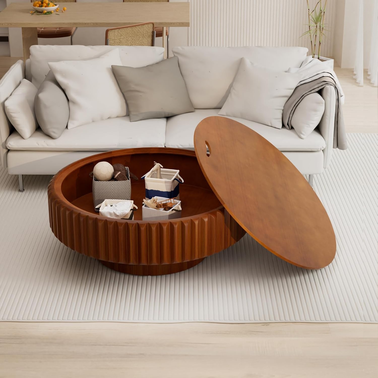 31.5' Round Drum Coffee Table with Hidden Storage, Modern Fluted Coffee Tables with Solid Wood Veneer, Wooden Circle Center Table for Living Room, Small Spaces, and Apartments, Easy Assembly