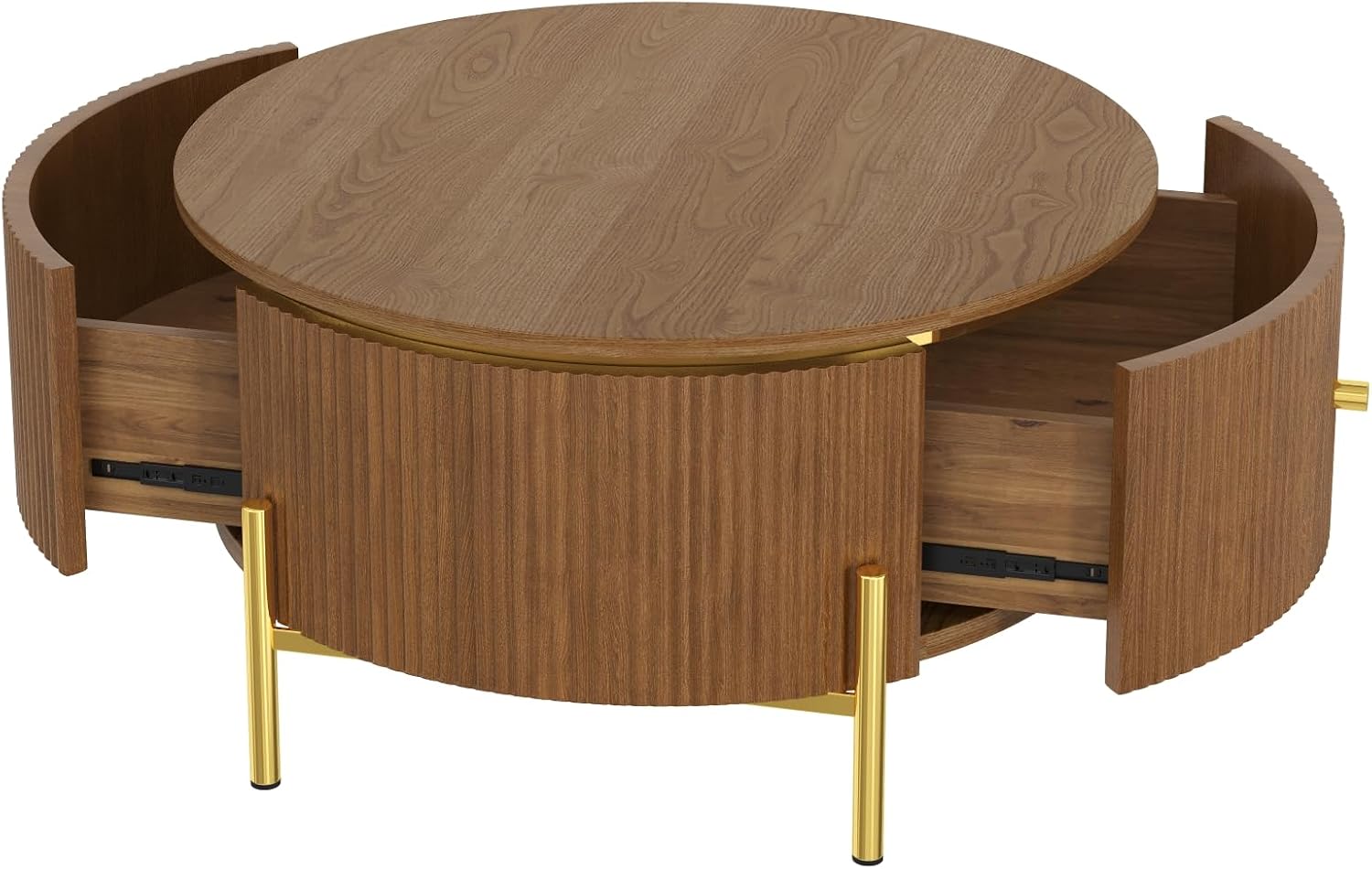 Modern Round Coffee Table with 2 Large Drawers Storage Accent Table, Brown, 31.5'