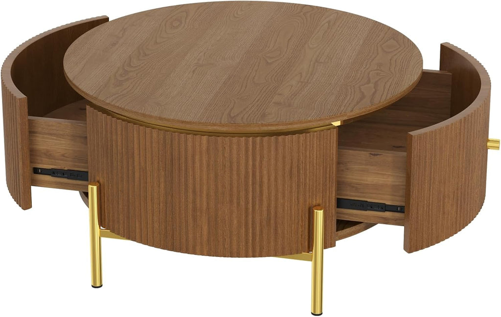 31.5' Modern Round Coffee Table with 2 Large Drawers Storage Accent Table, Brown