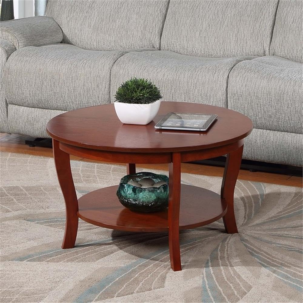 Pemberly Row Round Coffee Table with Shelf, Mahogany Wood Finish, 30 in Diameter, Rubberwood and Veneer Construction, Two Tiers, Classic Design for Living Room or Home