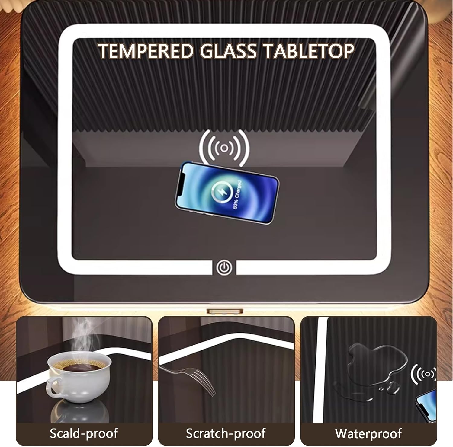Smart Nightstand, End Tables Bedroom with Wireless Charging & Combination Lock, Touch-Sensitive Tri-Color Lighting, Tempered Glass Tabletop