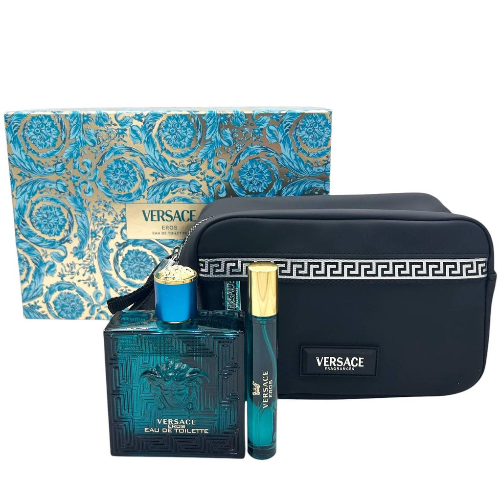 Versace Eros by Versace for Men - 3 Pc Gift Set 3.4oz EDT Spray, 10ml EDT Spray, Blue Trousse