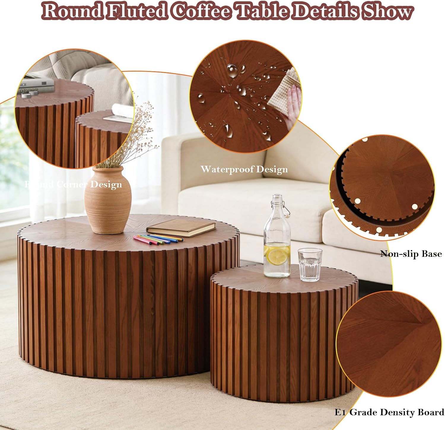 Handcraft Round Nesting Coffee Table - Chic Wave Stripe Edge, Modern Stylish Walnut Wooden Circle Fluted Center Table for Living Room (27.6in+19.7in)