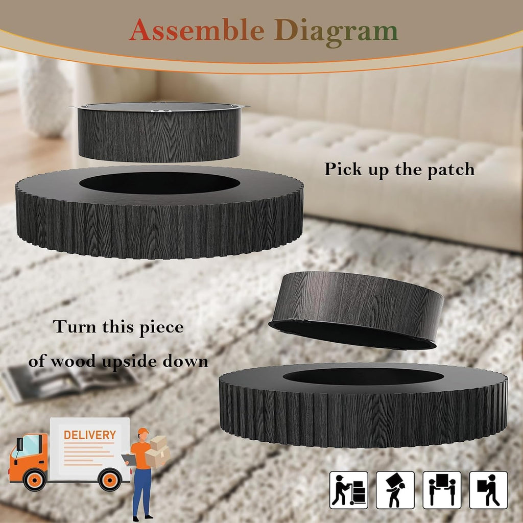 Handcraft Fluted Coffee Table 43.3' Oval Drum Center Tables with Sturdy Pedestal Easy to Assembly for Living Room Apartment Farmhouse (Oval Black 43.3in)