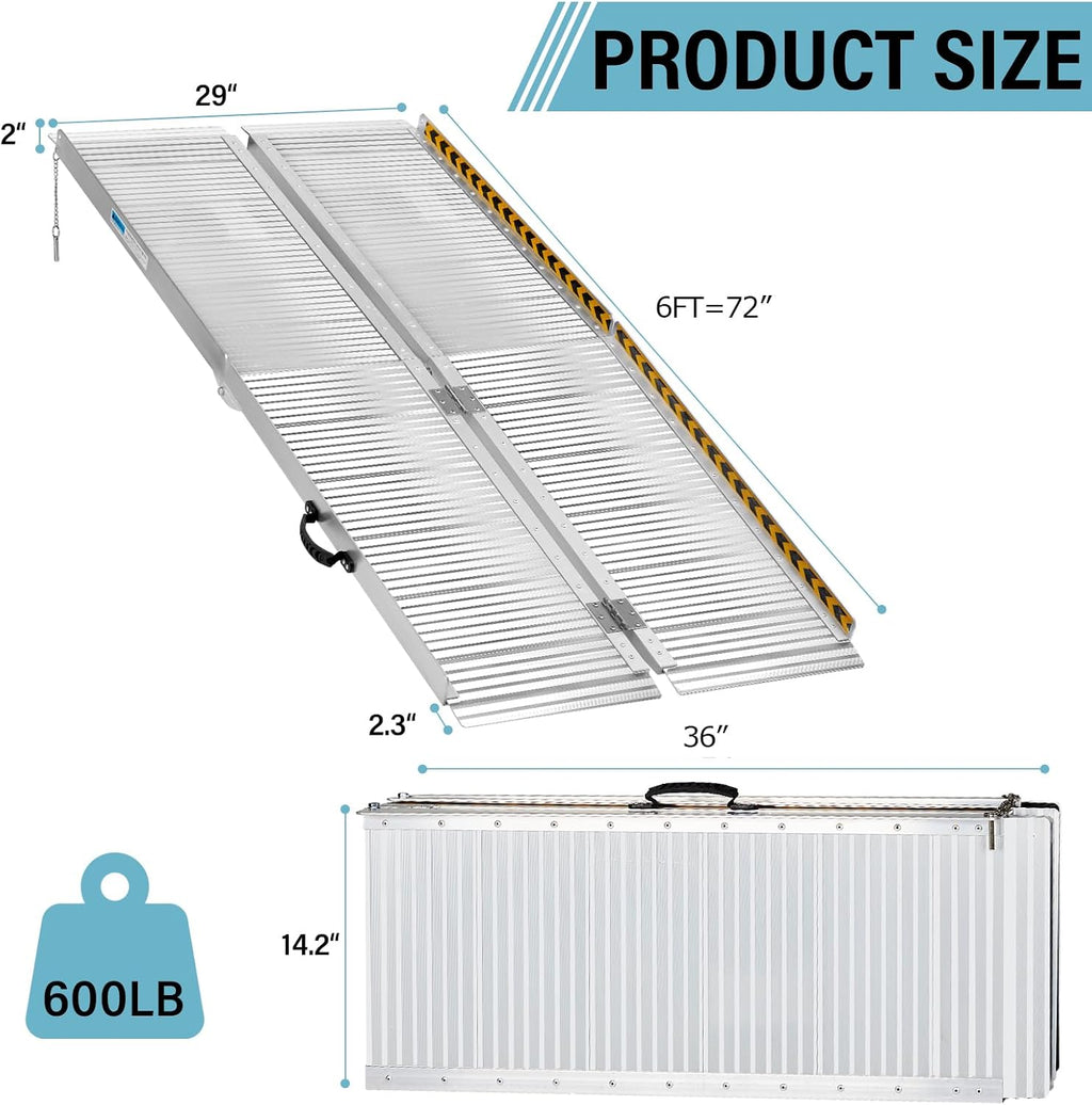 6FT Foldable Aluminum Wheelchair Ramp for Home Entrance,600 lbs Capacity | Non-Slip Handicap Mobility Ramp for Home Steps, Stairs, Scooters, Porch, High Curbs & Minivan Loading, 72'L * 28'W