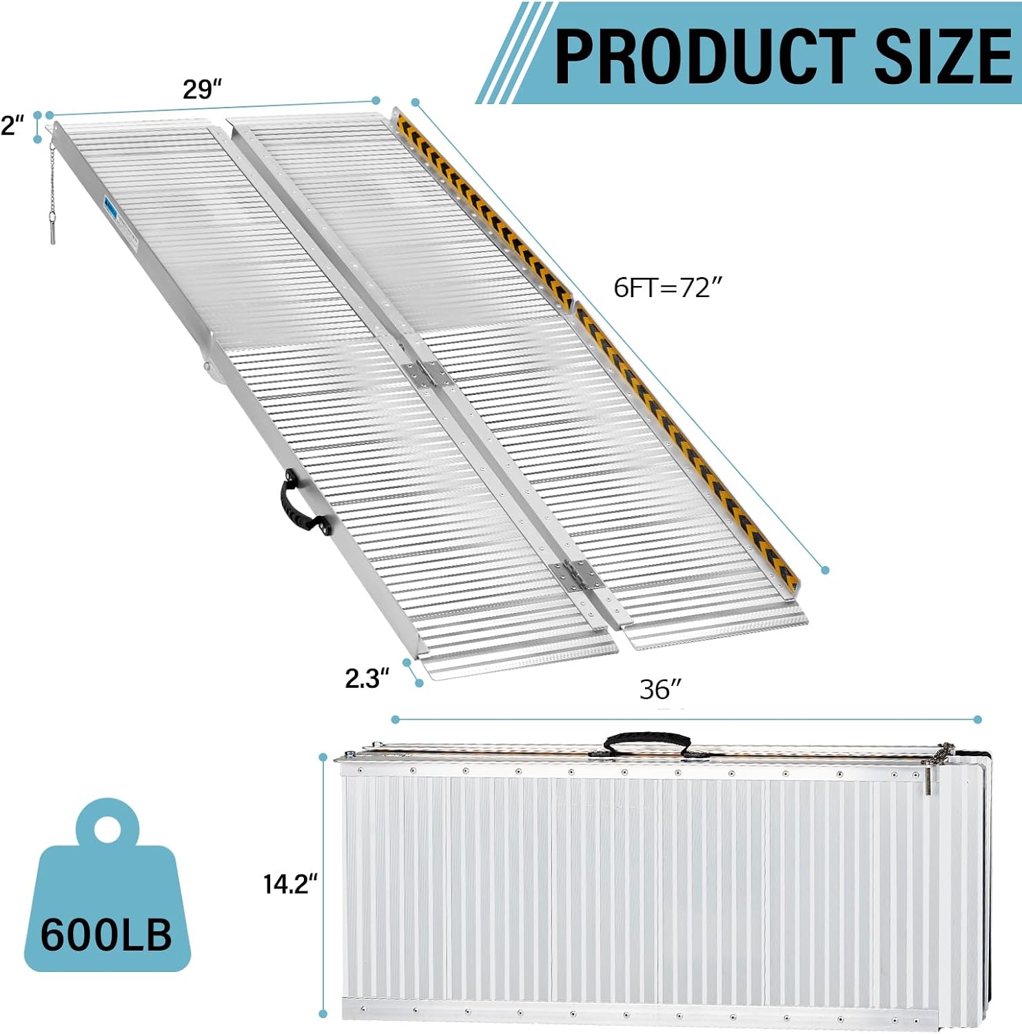 6FT Foldable Aluminum Wheelchair Ramp for Home Entrance,600 lbs Capacity | Non-Slip Handicap Mobility Ramp for Home Steps, Stairs, Scooters, Porch, High Curbs & Minivan Loading, 72'L * 28'W