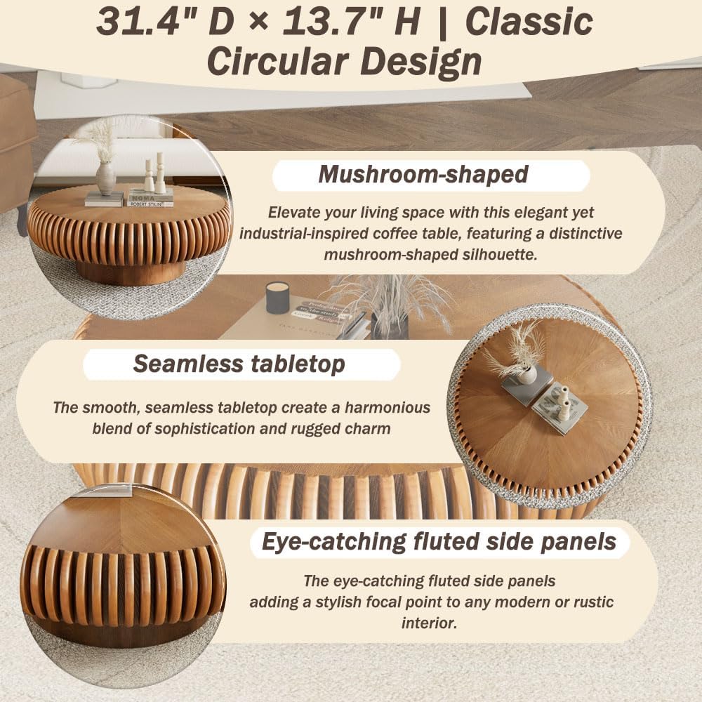 Round Coffee Table for Living Room Modern Solid Wood Fluted Design Coffee Tables with Sturdy Pedestal for Small Space Circle Center Table Accent Tea Table for Apartment, Easy Assemble (Brown, 31.4)