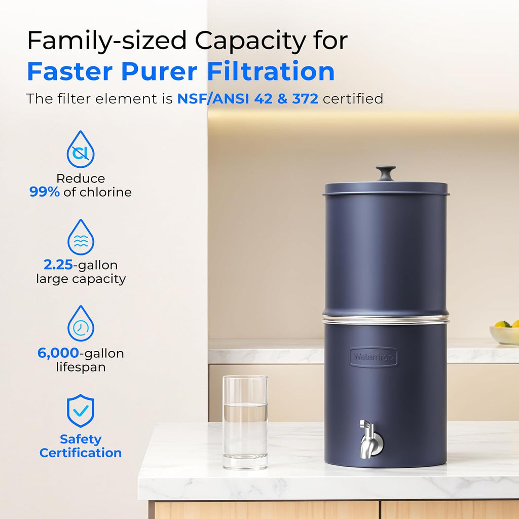 Waterdrop TK-AP Gravity Water Filter System, NSF/ANSI 42&372 Standard, Stainless Steel Water System with 2 Carbon Filters, Reduces Lead and Chlorine for Home, Emergencies, Blue, 2.25G