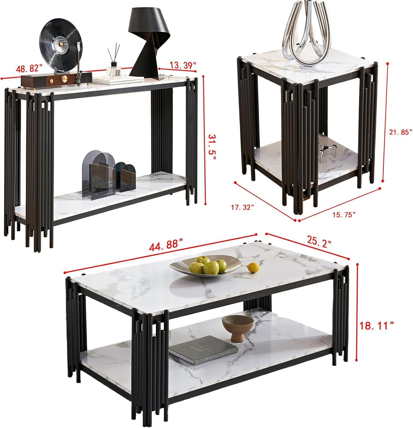 White Marble Coffee Table Set - 3 Piece Living Room Set with Black Chrome Metal I-Base