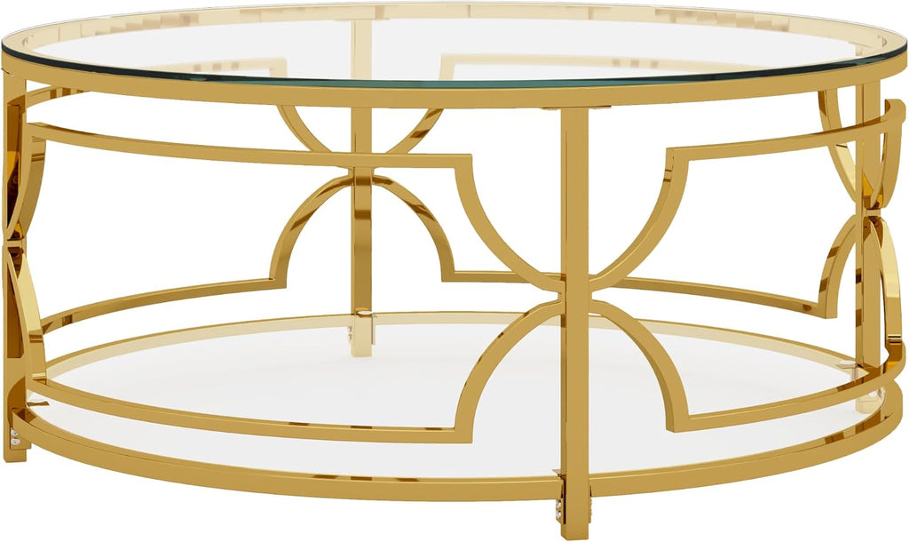 Merax 30.7' Round Tempered Glass Coffee Table, Luxurious Gold Geometric Metal Frame Side Table with Lower Storage Shelf, Modern Accent End Tables for Living Room, Bedroom, Apartment, Transparent