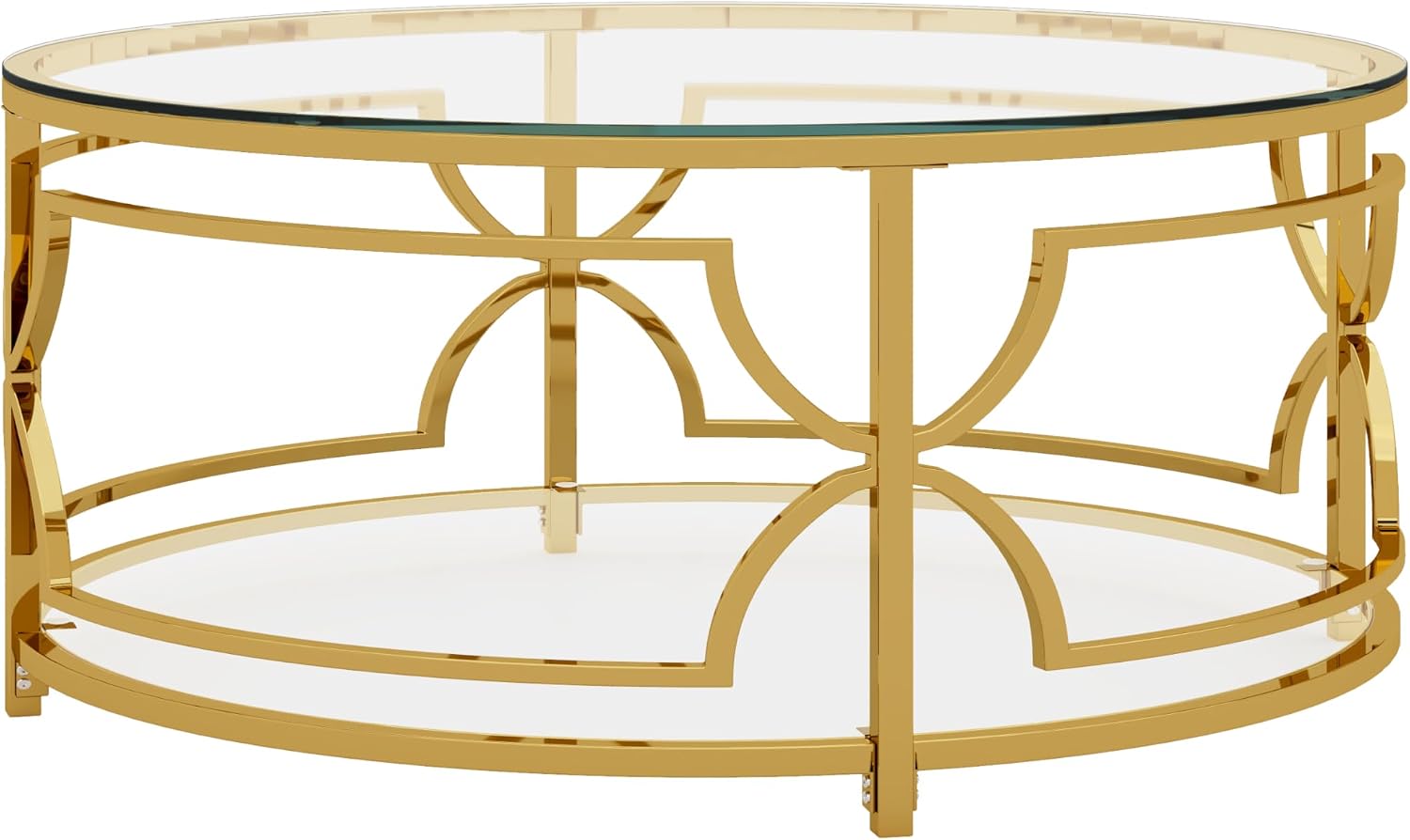 Merax 30.7' Round Tempered Glass Coffee Table, Luxurious Gold Geometric Metal Frame Side Table with Lower Storage Shelf, Modern Accent End Tables for Living Room, Bedroom, Apartment, Transparent