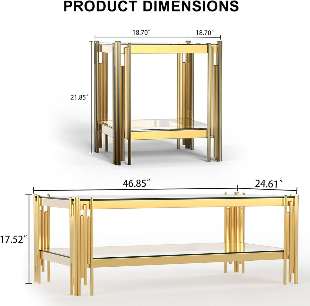 SSLine 2-Piece Living Room Table Set, Modern Clear Glass Coffee Table with 1 End Table, Luxury Rectangle 2-Tier Storage Coffee Table Set with Gold Stainless Steel Frame for Living Room
