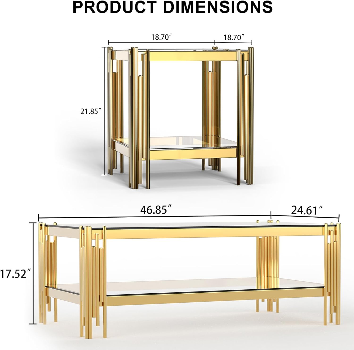 SSLine 2-Piece Living Room Table Set, Modern Clear Glass Coffee Table with 1 End Table, Luxury Rectangle 2-Tier Storage Coffee Table Set with Gold Stainless Steel Frame for Living Room