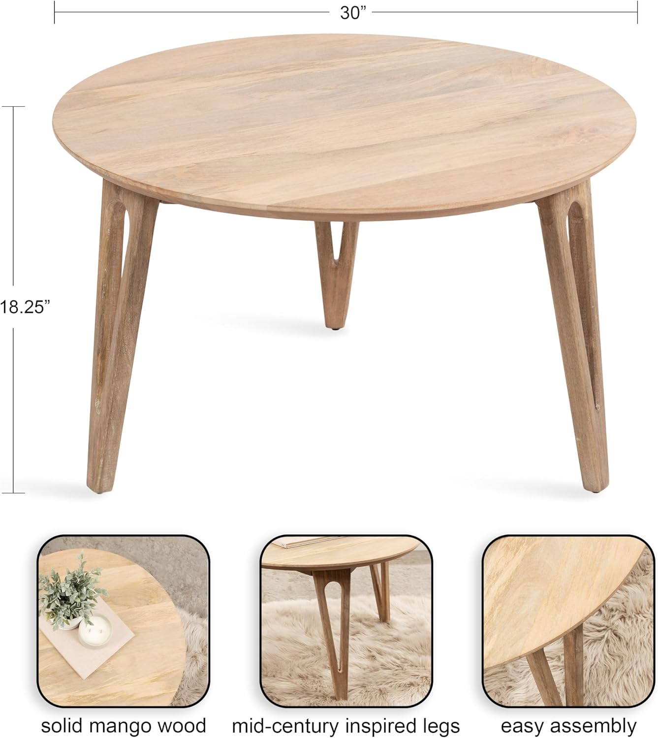 Kate and Laurel Kershaw Transitional Round Coffee Table; 30 x 30 x 19; Natural Wood; Circle Living Room Table with Solid Mango Wood Construction and Tapered Hairpin Legs