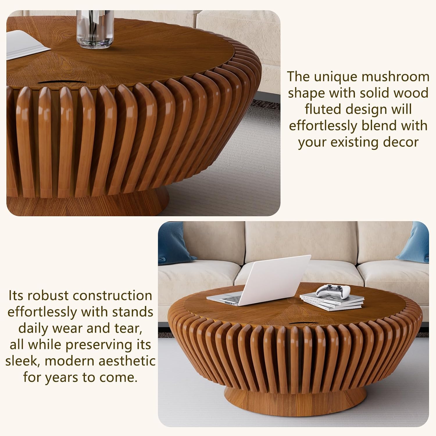 Modern Wood Fluted Round Coffee Table with Storage - Handcraft Drum Coffee Tables with Sturdy Base, Accent Center Table Small Circle Coffee Table for Living Room,Office, Apartment (Brown 35.4')