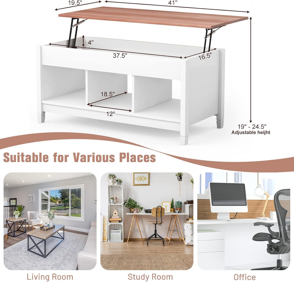 COSTWAY Lift Top Coffee Table, with Hidden Storage Compartment & 3 Open Shelves, Rectangular Cocktail Tea Table with Solid Wood Legs for Living Room Reception Room (White)