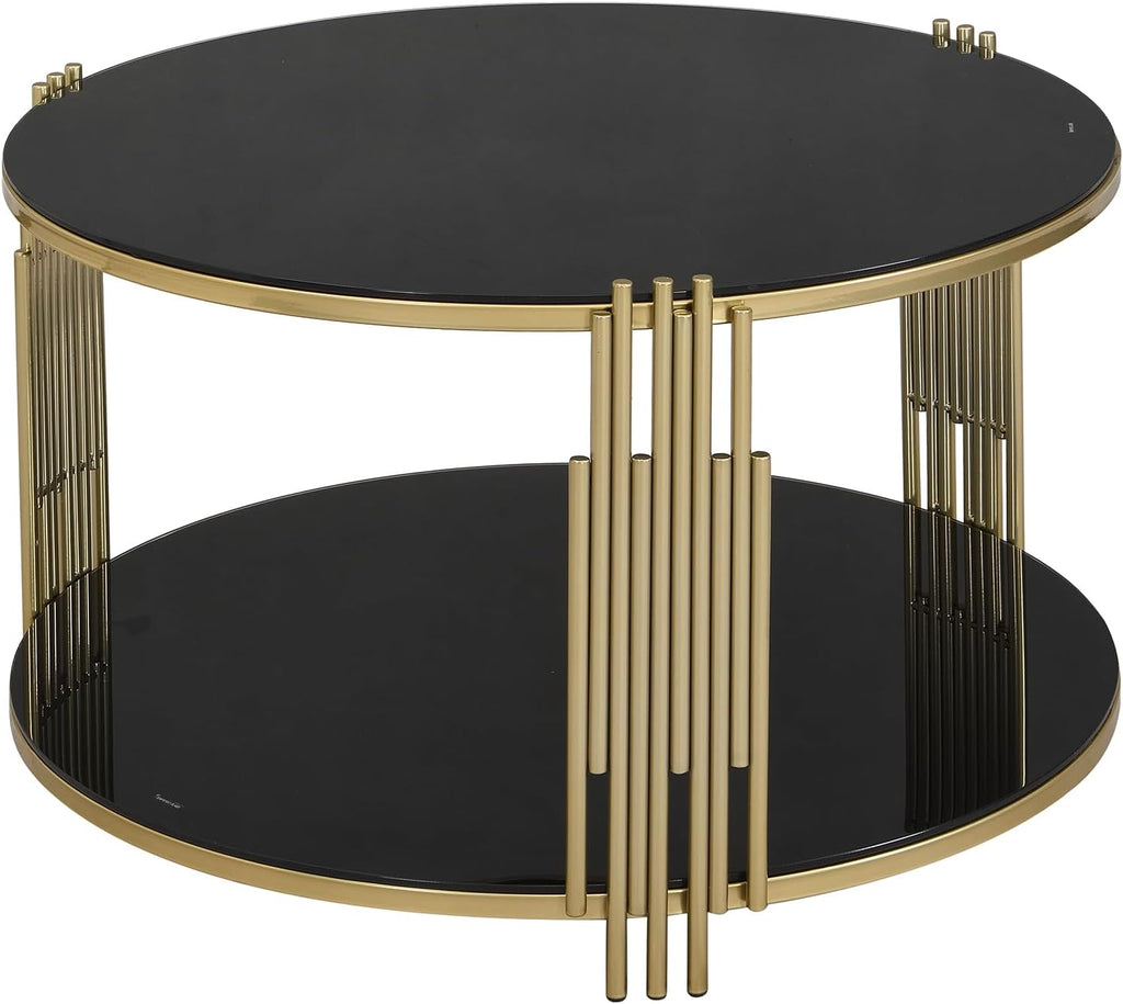31.5'' Tempered Glass Round Coffee Table for Living Room, 2-Tier Modern Circle Coffee Table, Black Mirror Tabletop & Metal Drum Base, Easy Assembly, Black & Gold