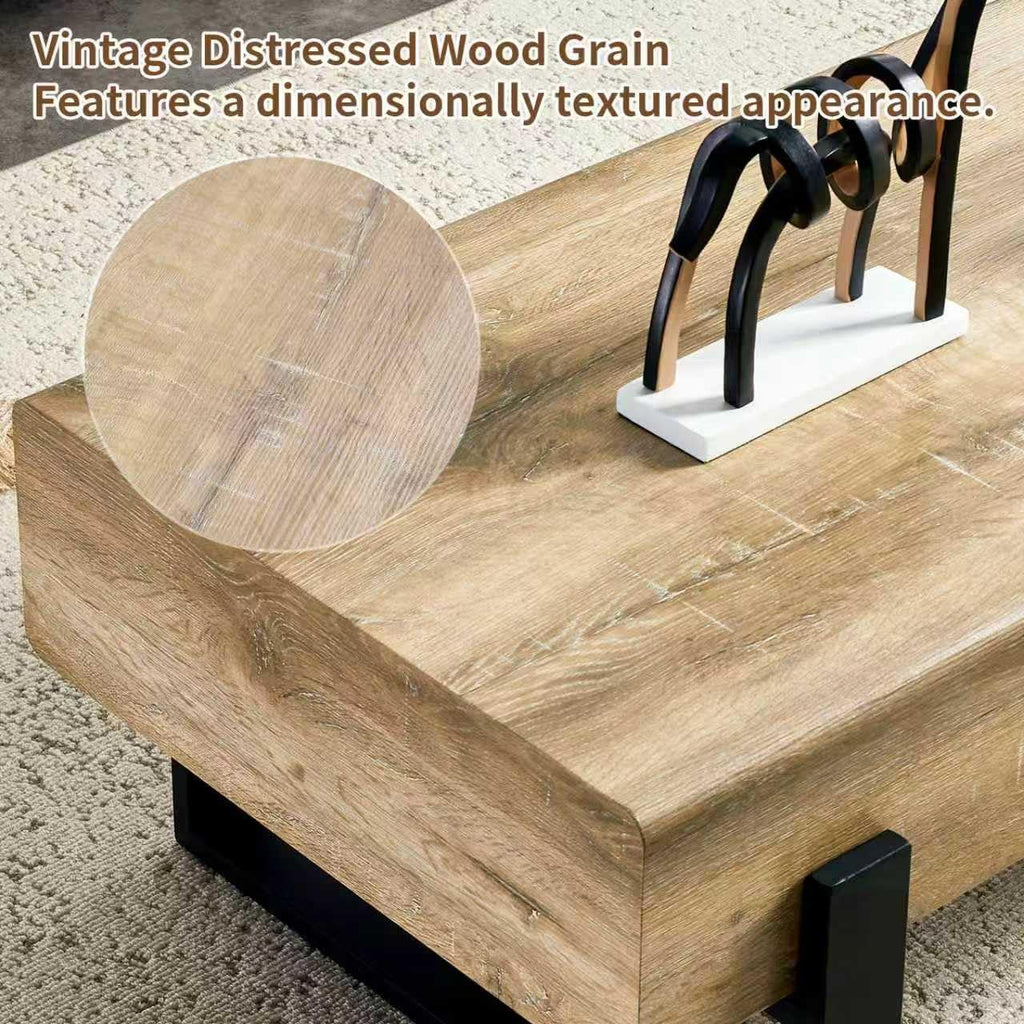 47.24' Rectangle Coffee Table, Wood Coffee Table Center Table with 7.8' Thick Tabletop Metal Legs Rounded Corners for Living Room Office, Natural Wood