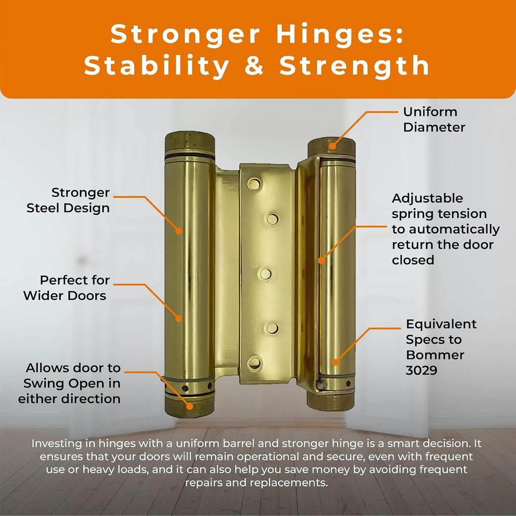 Swinging Cafe Doors - 6' Double Action Hinge – Heavy Duty Door Hinges for Saloon & Cafe Bar Swinging Doorways – Commercial Grade, Adjustable Tension for High Traffic Use, Polished Brass, 4 Units