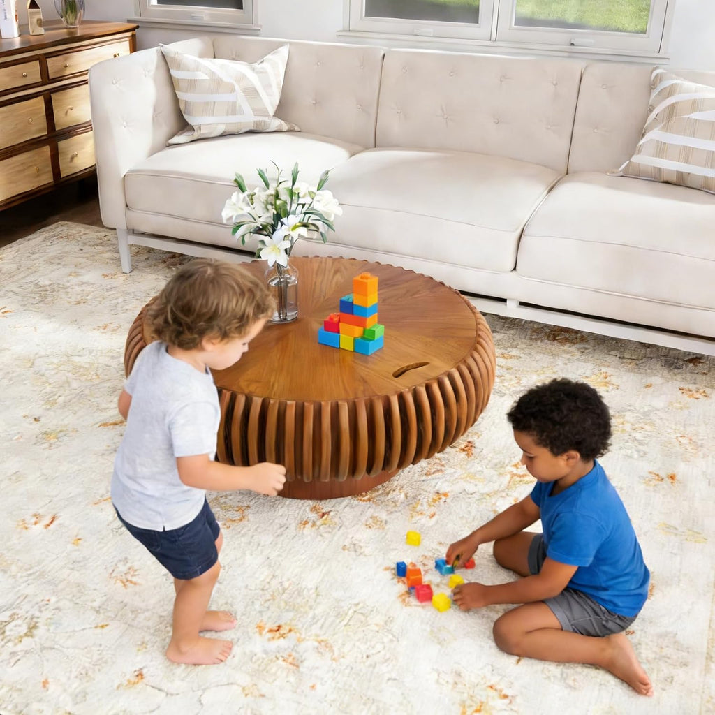 Round Fluted Coffee Table with Storage for Living Room, Modern Wooden Drum Coffee Table with Solid Wood Veneered, Circle Accent Tea Center Table for Small Space Apartmen (Brown, 31.5' with Storage)