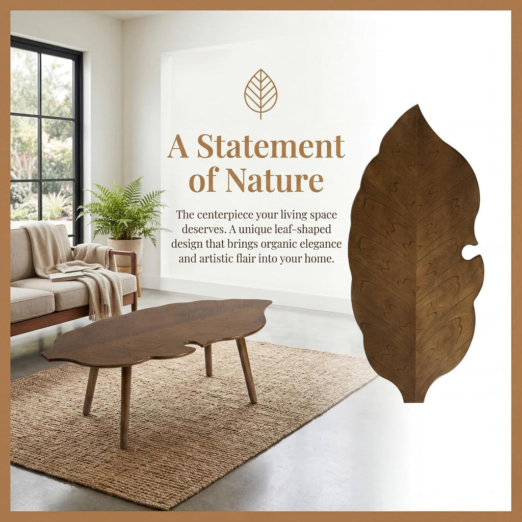 HNY Modern Coffee Table for Living Room, Brown Wood Coffee Table Farmhouse Center Table Vivid Leaf Table End Table with Rustic Grain Side Table with Wood Leg for Bedroom Office Cafe Small Space