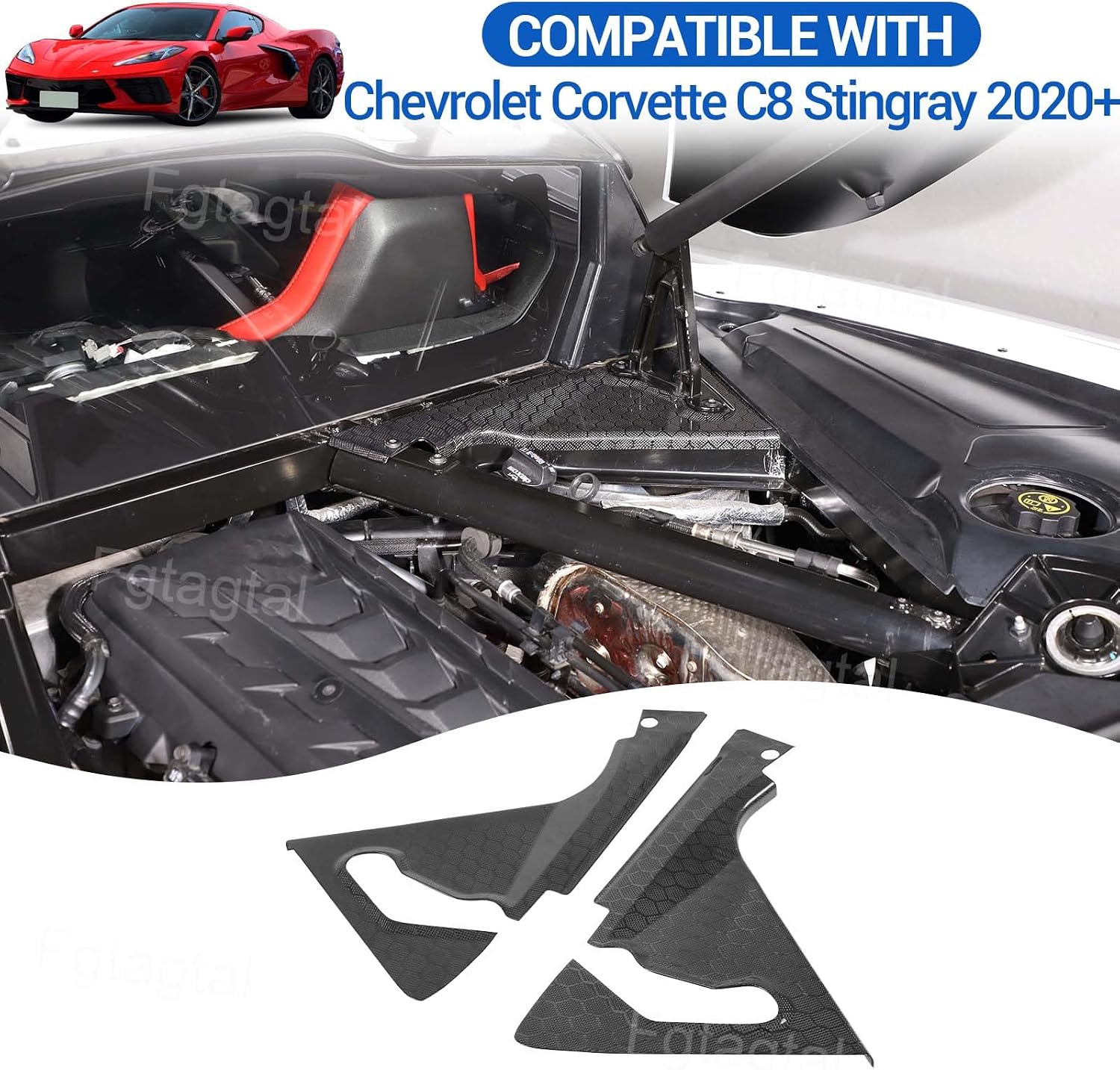 Real Carbon Fiber Engine Bay Panel Cover Compatible with Chevrolet Corvette C8 2020-2026, Front Hood Lift Supports Shock Struts Base Trim Cover Accessories 2Pcs (Honeycomb Pattern)