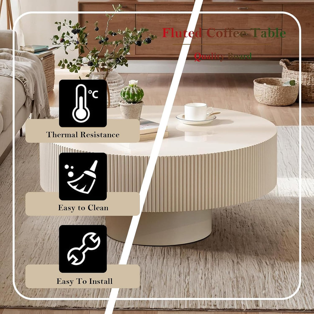 Round Fluted Coffee Table Rustic Circular Pedestal Center Table with Round Thicken Tabletop & Sturdy Base for Living Room Reception Room Study Farmhouse (Lvory White Thicken 30.71in)