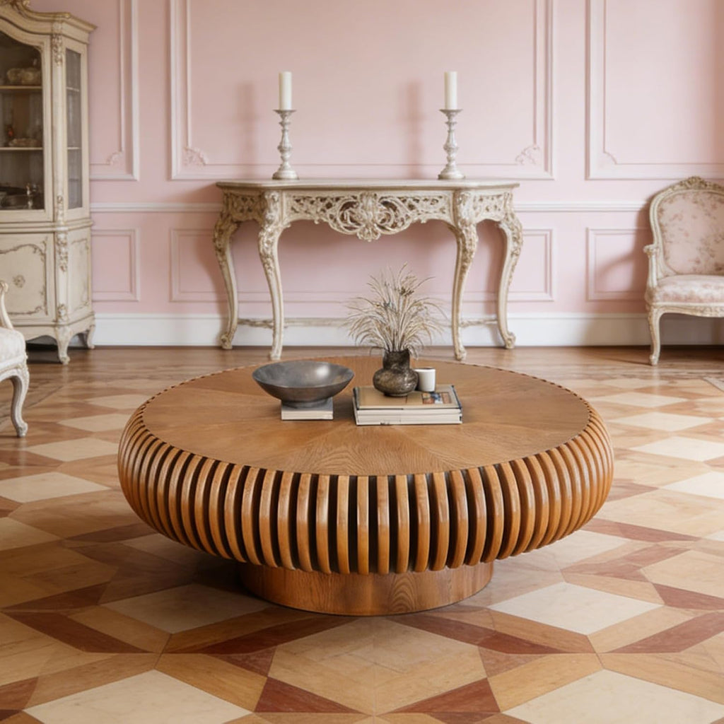 31.49' Round Fluted Coffee Table Unique Contemporary Wood Low Circle Drum Tea Tables with Sturdy Pedestal for Small Space (D Brown 31.49in)