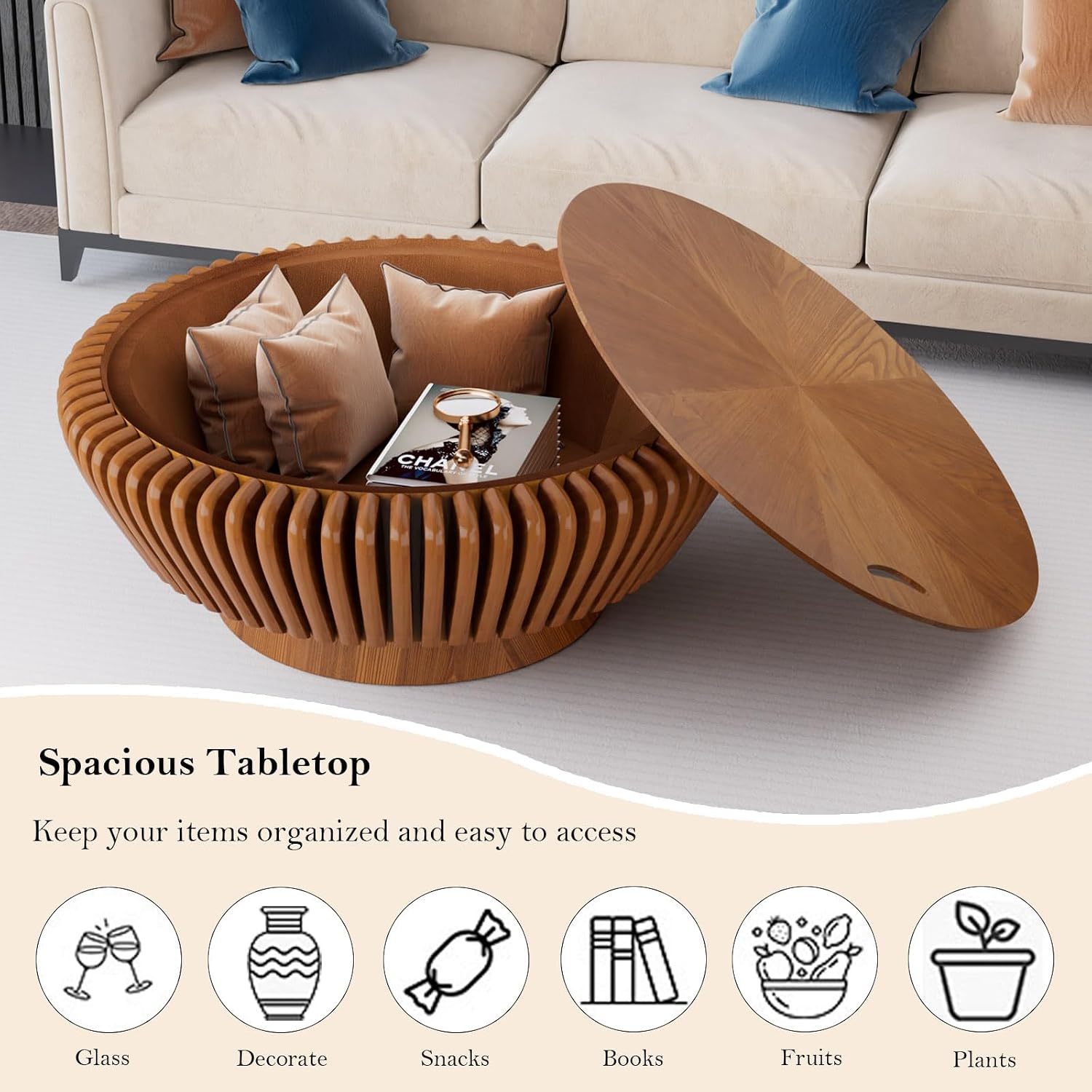 35.4' Fluted Coffee Table with Storage Rustic Chic Circle Drum Center Tables - Handcraft Solid Wood Fluted Veneer for Living Room (M Brown 35.4in)