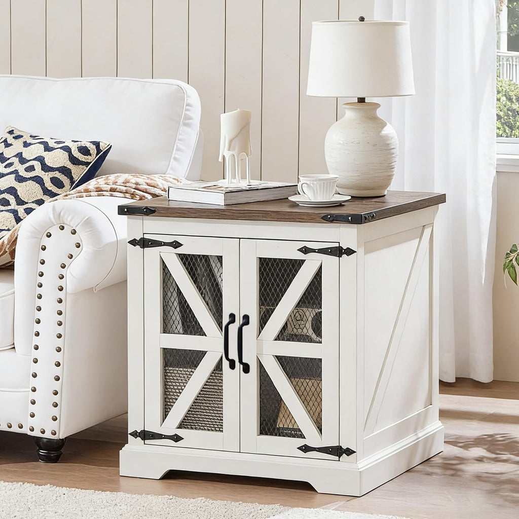 White Farmhouse End Table Set of 2, 21' Wood Sofa Side Table with Charging Station, Rustic Nightstand with Mesh Barn Door for Living Room, Square