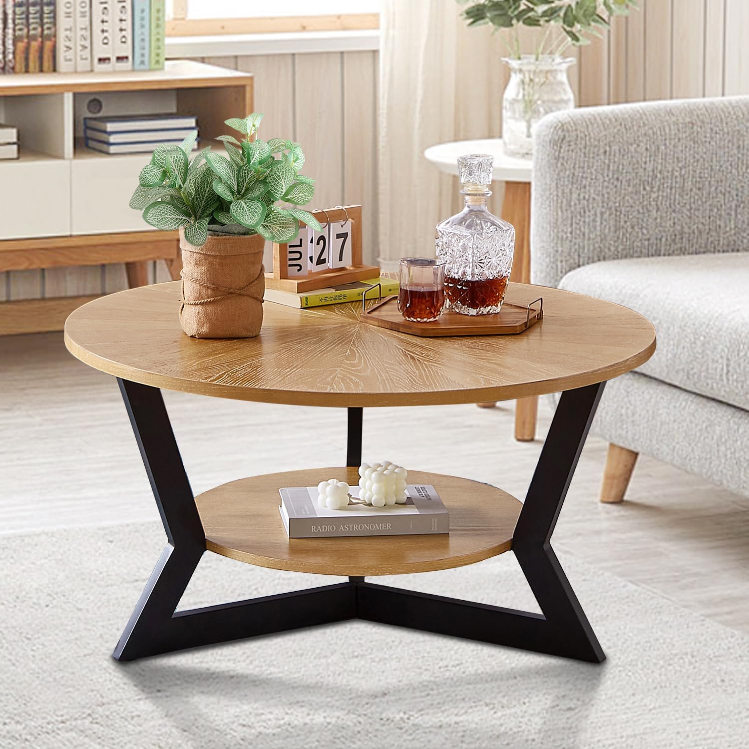 Round Coffee Table, Wood Circle Coffee Table with 2-Tier Storage, Center Table for Living Room Bedroom Office Apartment, Easy Assembly, 35'x 18'Inches, Light Brown