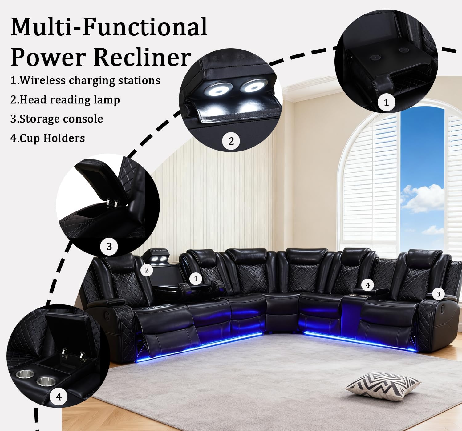 Power Leather Recliner Sectional Sofa Set with LED Lights,L Shaped Reclining Sectional Couch and Loveseat,Leather Sofa Set with Coffee Table/Storage for Living Room(Black,8 Seater)