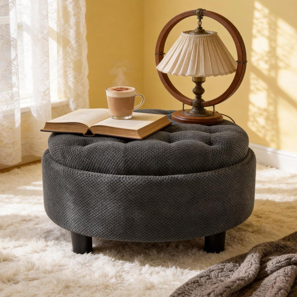 Round Storage Ottoman with Reversible Tray Lid, 25' Upholstered Button Tufted Coffee Table with Storage Foot Rest Stool for Living Room, Bedroom, Entryway, Dark Grey