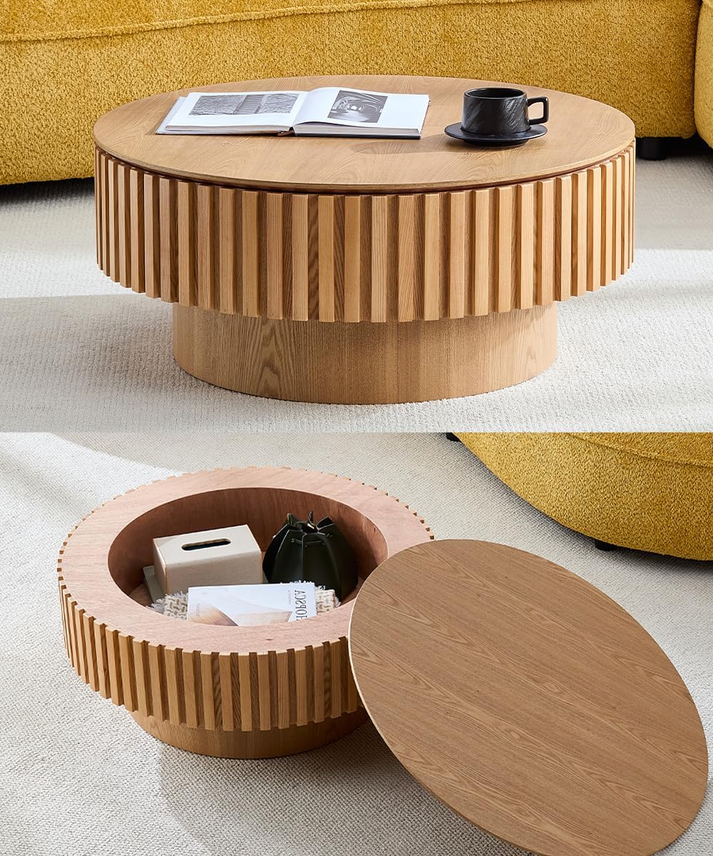 WILLIAMSPACE 31.49' Round Coffee Table with Storage for Living Room, Modern Circle Center Table with Solid Wood Veneered & Sturdy Pedestal, Accent End Tea Table for Apartment - Oak