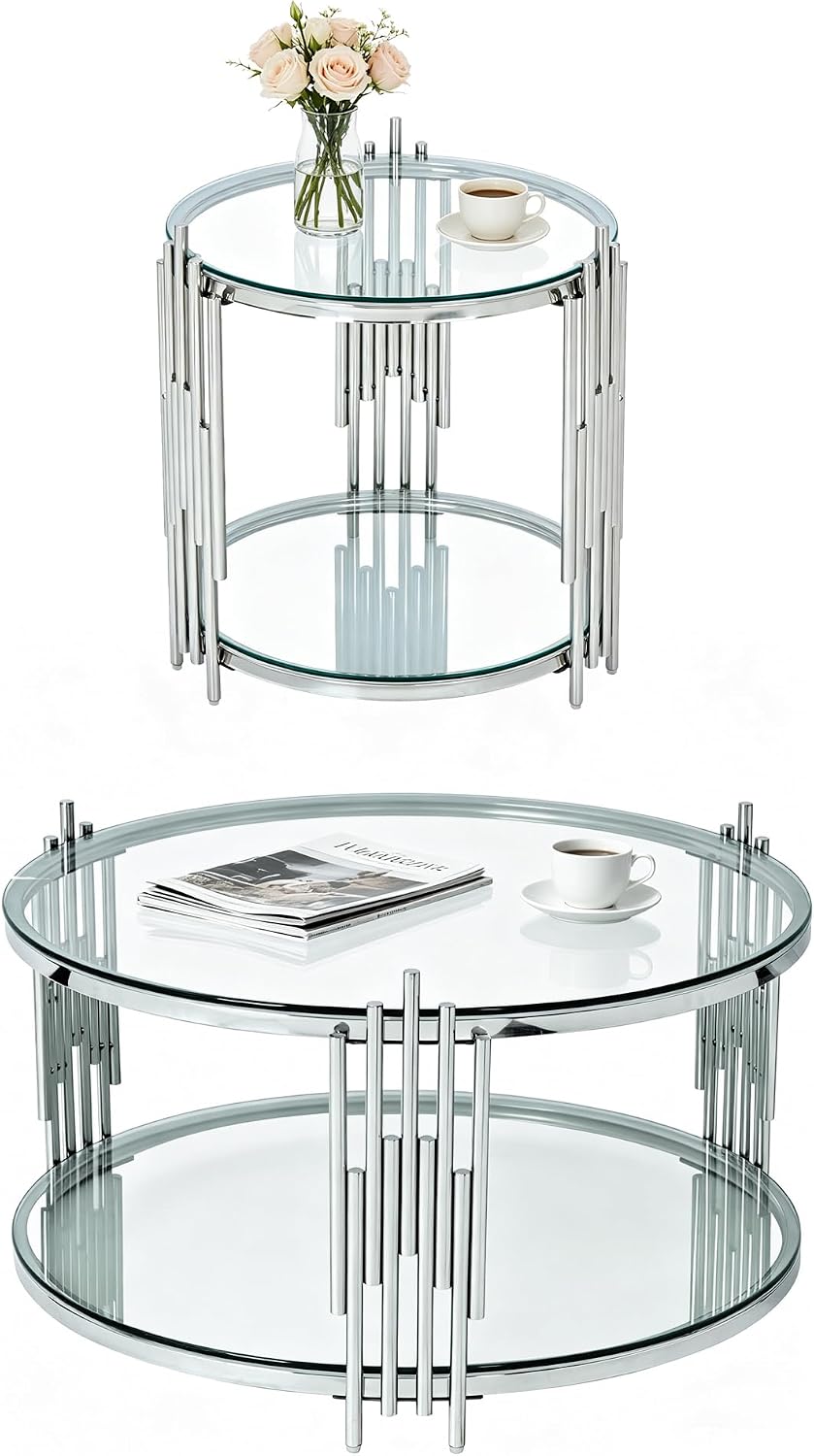 2 Piece Round Glass Coffee Table Set of 2, 31.5' Circle Coffee Table and End Tables Set with Silver Stainless Steel Frame, Modern 2-Tier Clear Silver Living Room Table Set for Home Office