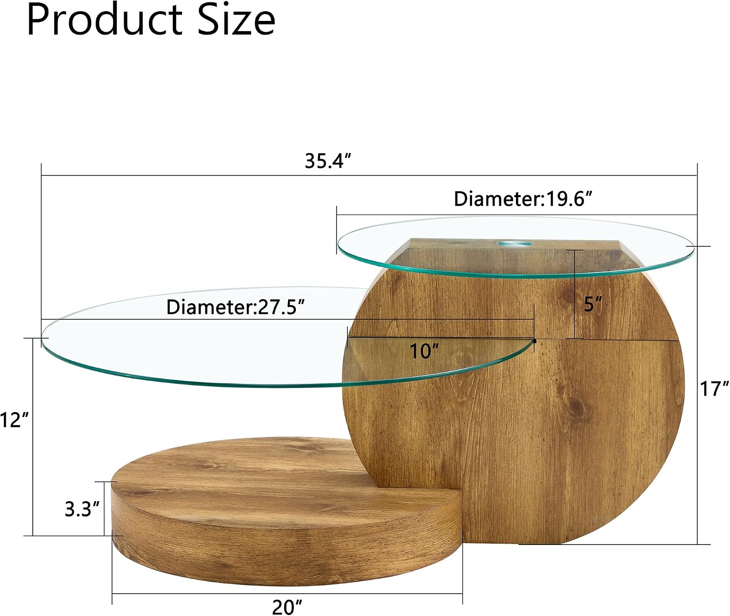 Glass Coffee Table 3 Tier Round Coffee Tables Tempered Clear Glass Top and Wood Table with Storage Modern Circle Coffee Table for Living Room (35.4' Wood)