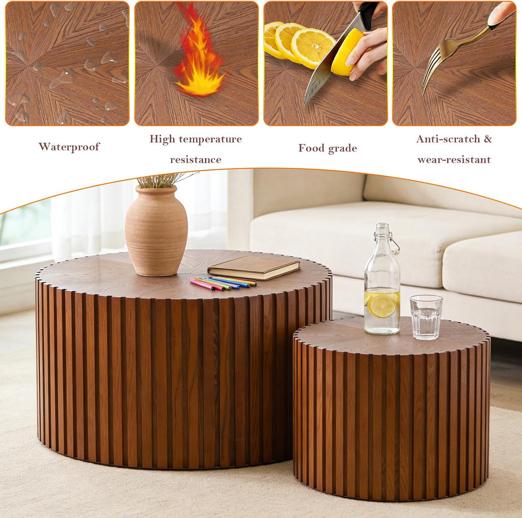 Handcraft Round Nesting Coffee Table - Chic Wave Stripe Edge, Modern Stylish Walnut Wooden Circle Fluted Center Table for Living Room (27.6in+19.7in)