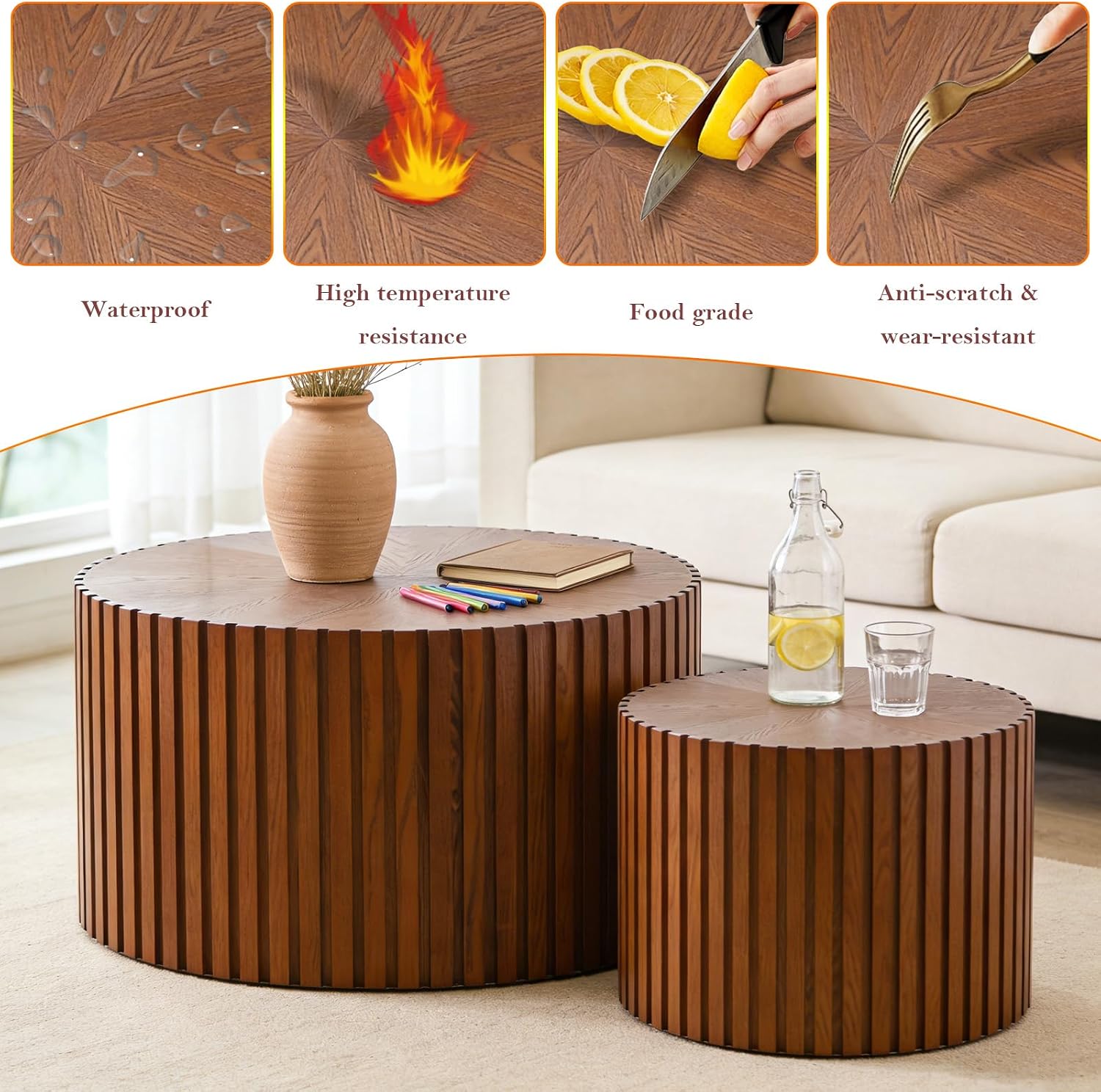 Handcraft Round Nesting Coffee Table - Chic Wave Stripe Edge, Modern Stylish Walnut Wooden Circle Fluted Center Table for Living Room (27.6in+19.7in)