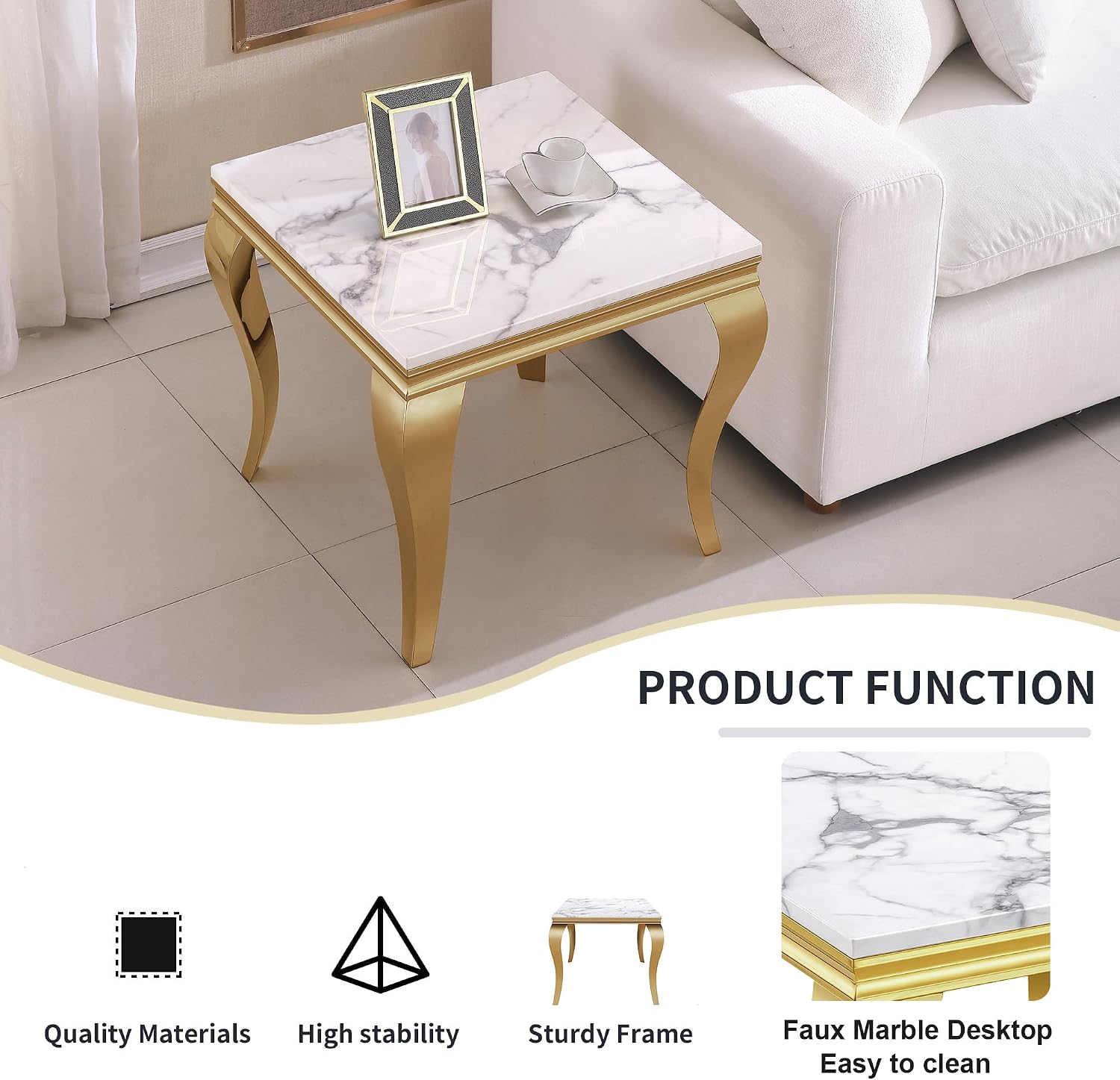 Luxury Marble End Table Modern White Suqare Side Table with Gold Stainless Steel S-Legs, Faux Marble End Table Nightstand Bedside Table Lamp Table for Living Room, Bedroom, Home Office