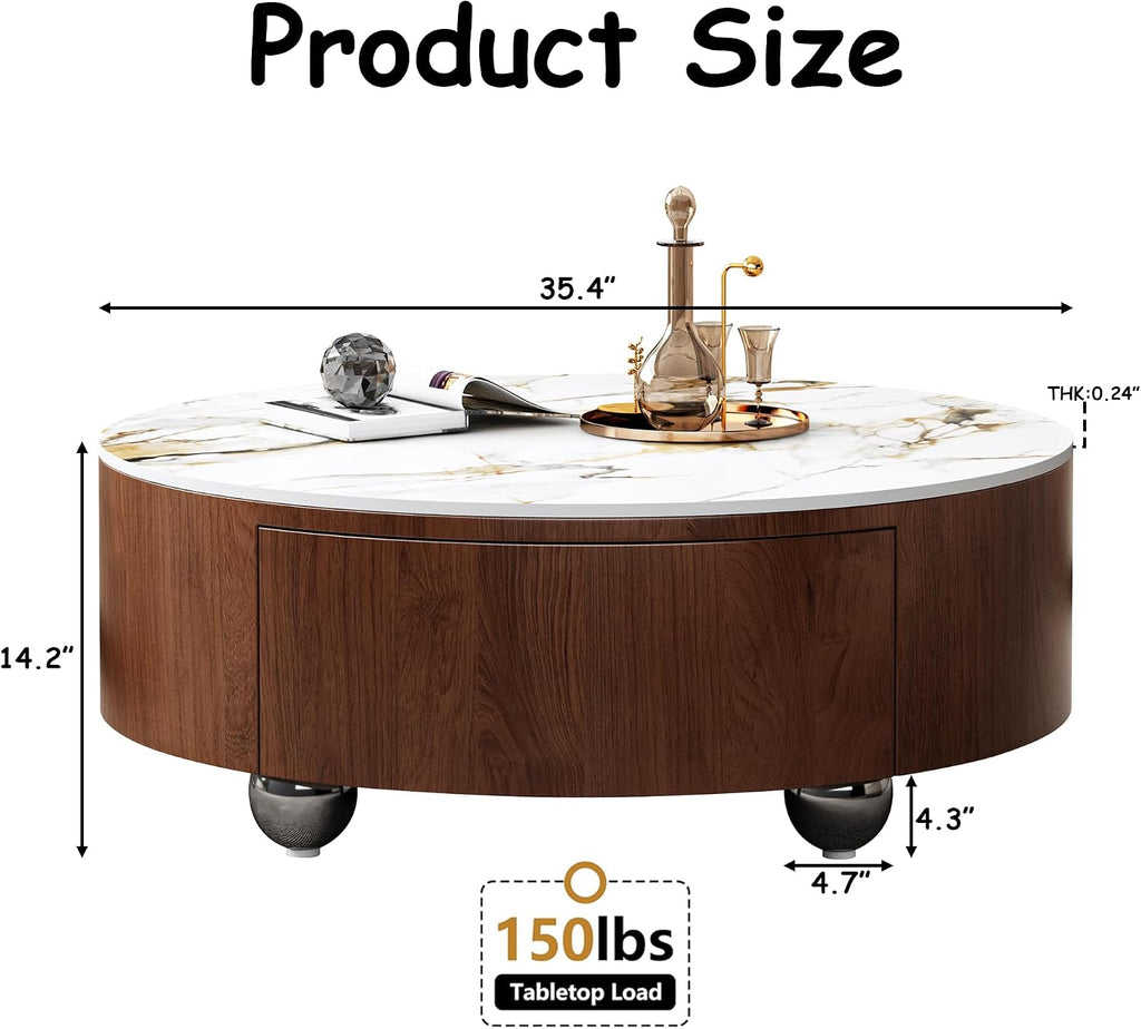 35' Round Coffee Table with Storage,Faux Marble Coffee Table with Drawers and Sintered Stone Top,Circle Coffee Table,Modern Center Tables for Living Room(Walnu,White)