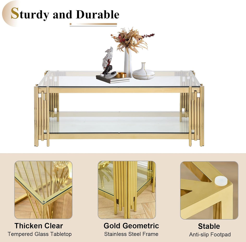 48' Rectangle Glass Coffee Table with Storage, Luxury 2-Tier Living Room Center Table w/Gold Stainless Steel Frame, Modern Clear Glass Coffee Cocktail Tea Table for Home Office