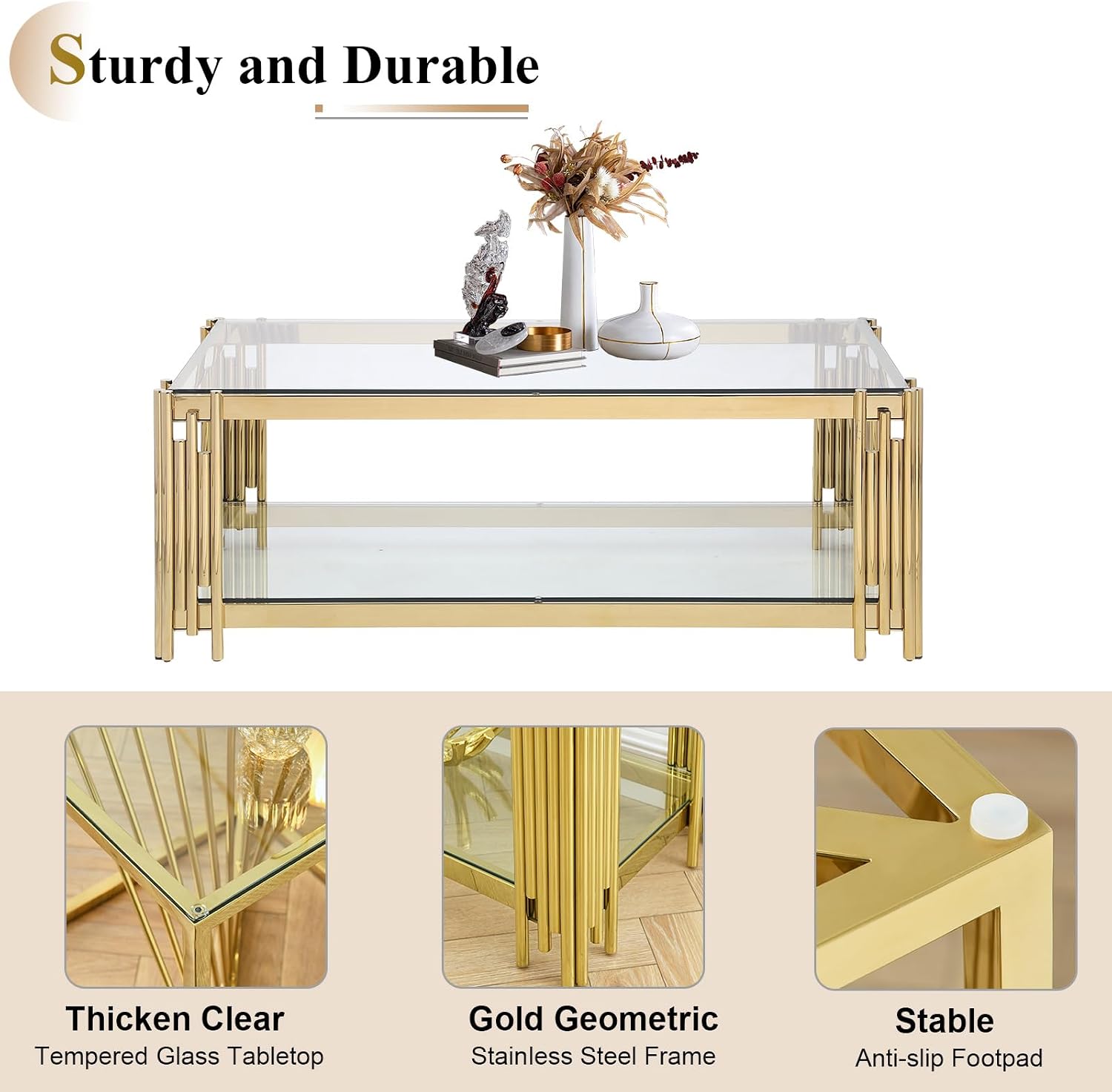 48' Rectangle Glass Coffee Table with Storage, Luxury 2-Tier Living Room Center Table w/Gold Stainless Steel Frame, Modern Clear Glass Coffee Cocktail Tea Table for Home Office