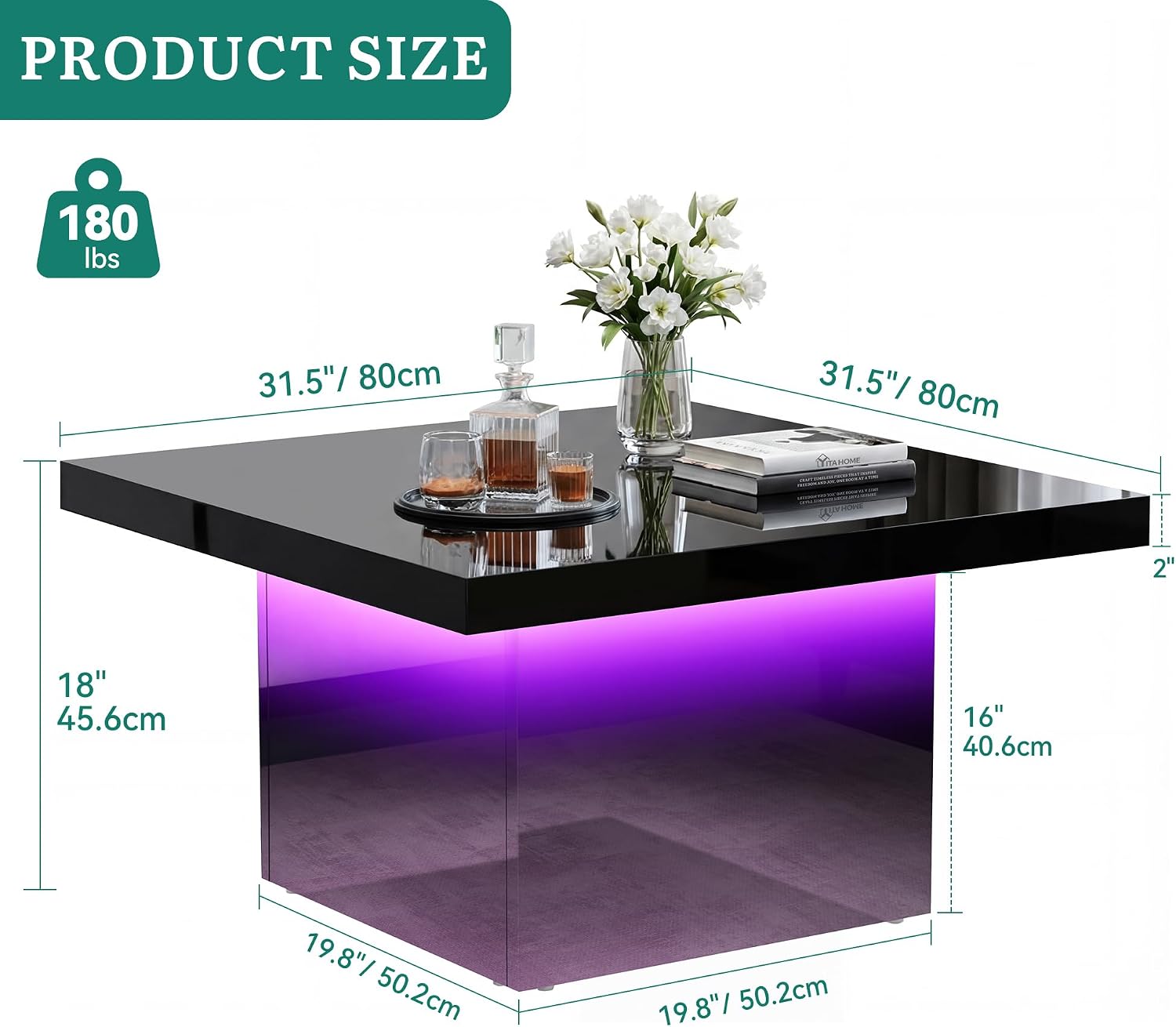 YITAHOME Square Coffee Table, Coffee Tables for Living Room with LED Lights, Modern Cocktail Coffee Table for Decor, Black