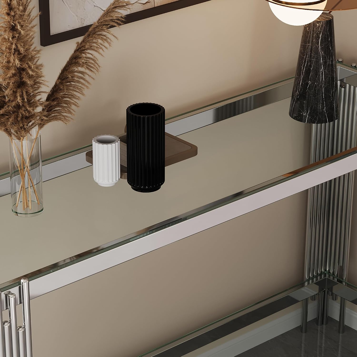2-Tier Glass Console Table, Rectangle Console Table with Storage, Entryway Table with Stainless Steel Base, Rectangular Narrow Tables Sofa Table for Living Room Hallway, Clear&Silver