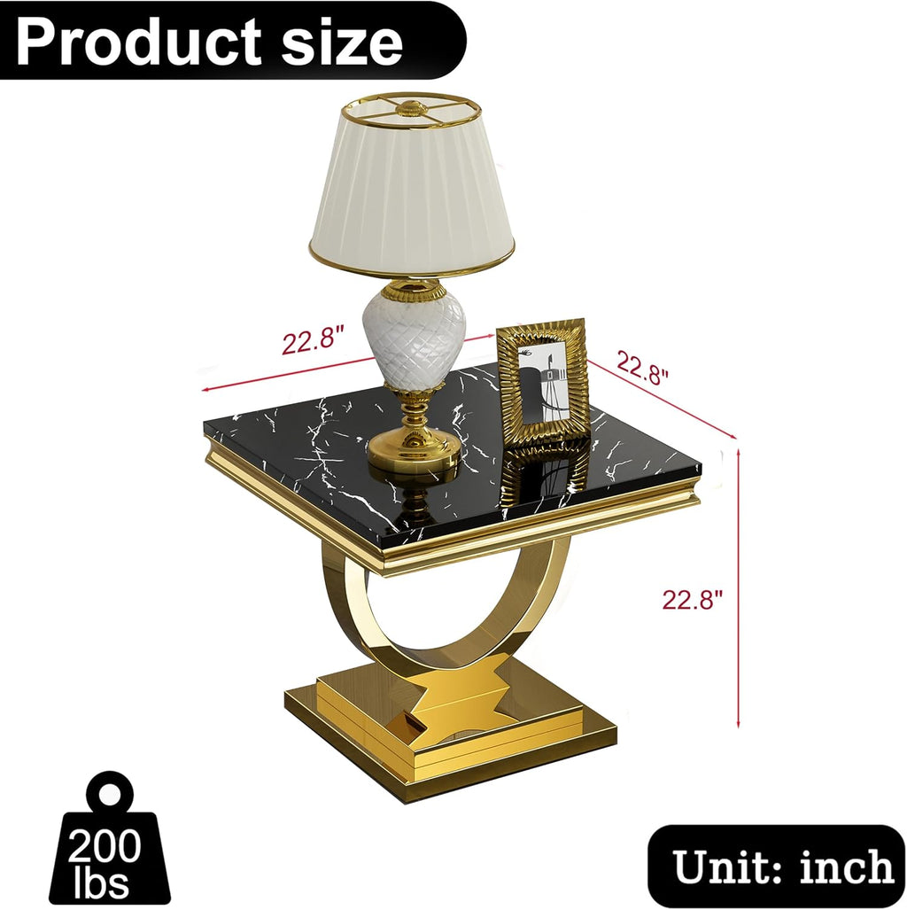Modern Marble End Table,Luxury Black Faux Marble Side Table with Gold O-Shape Stainless Steel Base,Square End Table Bedside Table Lamp Table Nightstand for Living Room Bedroom