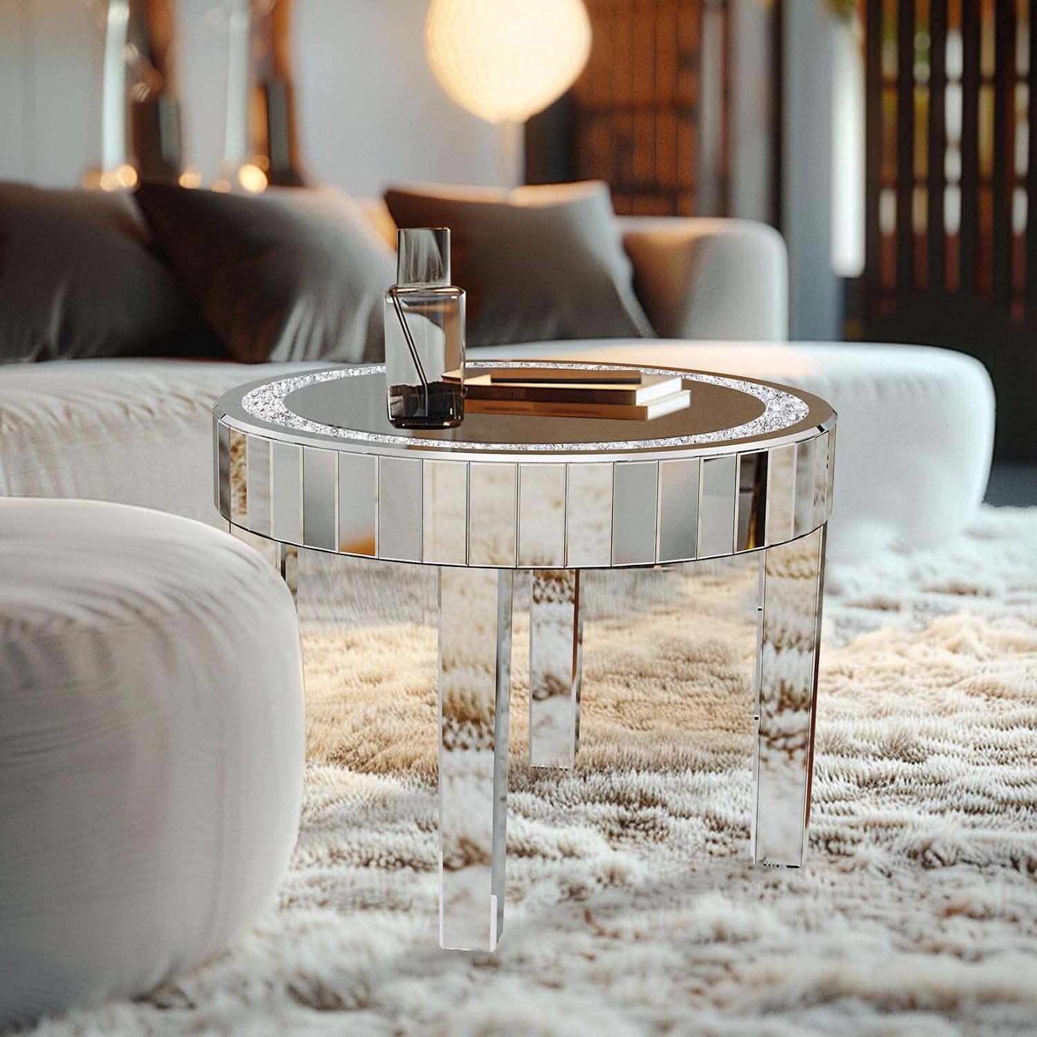 Silver Mirror Accent Table: 23.6 inch Round Mirrored Glass Tabletop Crushed Diamond