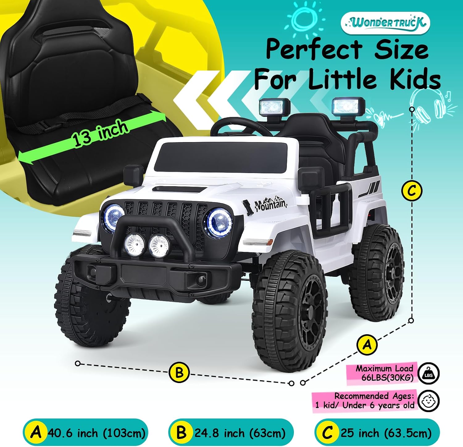 Joywhale 12V Kids Ride on Truck Battery Powered Motorized Car Electric Vehicle for Kids, with Remote Control, 4-Wheel Suspension, LED Lights, Music & FM, Seat Belt, Portable Handle, White